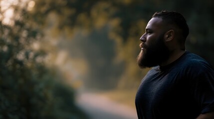 A thoughtful stout man with a thick beard stands in profile gazing into the distance on a misty path surrounded by nature during soft morning light