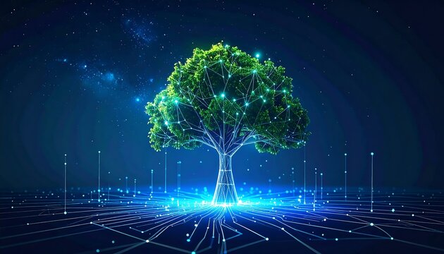 A digital tree with glowing green foliage and connected networks radiates light, symbolizing technology and environmental harmony
