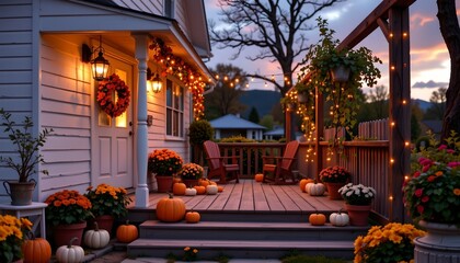 Obraz premium Cozy Autumn Porch Scene with Lanterns and Pumpkins