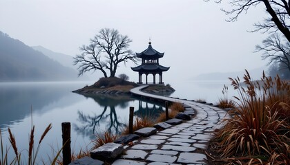 Serene Winter Lakeside Pavilion with Winding Pathway
