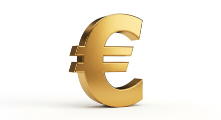 Closeup of a golden euro currency symbol isolated on white background, representing the official currency of the eurozone and european economy