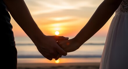 Romantic couple holding hands at beach during sunset. Love, relationship, and togetherness concept.