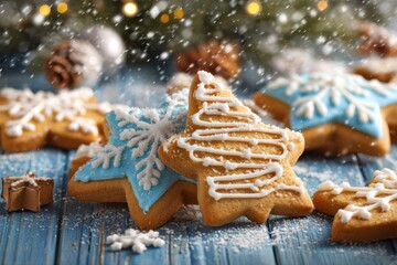 This stock image features a close-up view of a beautifully decorated Christmas cookie with icing. The cookie is shaped like a star and adorned with festive designs, perfect for the holiday season.