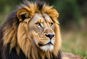 Fototapeta premium Close-up portrait of a male lion with a full dark mane gazing into the distance, captured in natural light with blurred background, showcasing wild life strength and nature’s majesty.