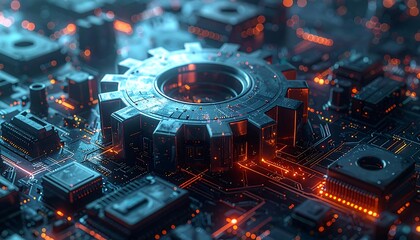 Close-up of a Circuit Board Featuring a Gear, Representing Technology