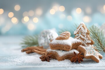 A festive display of gingerbread cookies shaped as stars and a Christmas tree, surrounded by a bunch of cinnamon sticks.