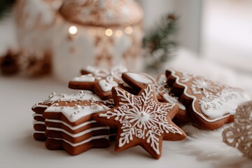 A festive plate of decorative gingerbread cookies shaped as stars and Christmas trees with frosting on them.