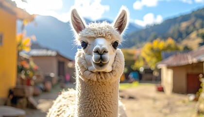 Obraz premium Close Up Portrait of a White Alpaca in Rural Andean Village with Mountain Backdrop Sunny Day