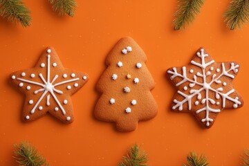 A festive arrangement of decorative gingerbread cookies shaped as stars and a Christmas tree, with snowflake icing on top, perfect for holiday celebrations and Christmas decorations.