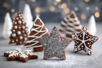 A group of decorative gingerbread cookies shaped as stars and Christmas trees with white icing on them.