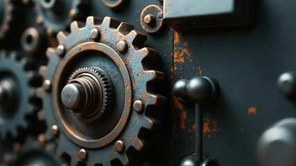 Close up of intricate steampunk gears and cogs with rusty metallic textures - Powered by Adobe