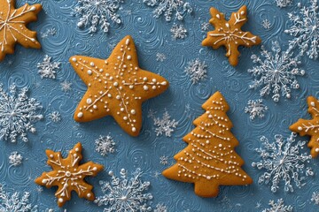 A festive blue background featuring a group of beautifully decorated gingerbread cookies shaped as stars and a Christmas tree.