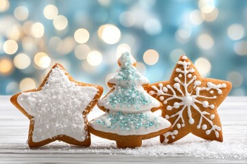 Three ginger cookies shaped as stars and a Christmas tree, beautifully decorated with white icing and blue icing, perfect for the holiday season
