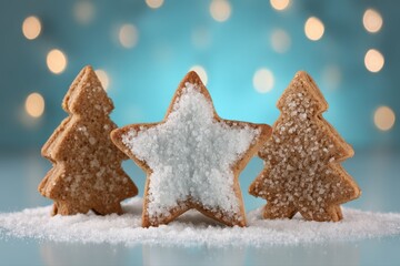 Three small Christmas trees made of sugar and icing, decorated with festive ornaments. These decorative gingerbread cookies are shaped as stars and Christmas trees, perfect for holiday celebrations.