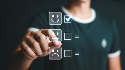 Customer satisfaction survey selection with happy neutral and sad faces presented on a digital interface for feedback analysis