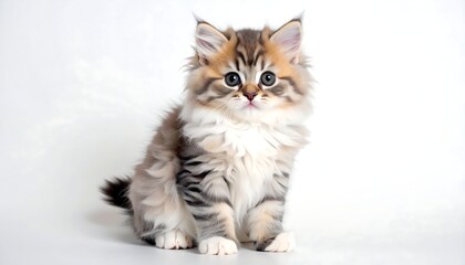 A fluffy, adorable kitten with striking blue eyes, sporting brown and white fur, sits against a clean white backdrop, looking forward