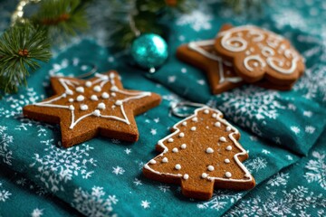 A close up of beautifully decorated gingerbread cookies shaped as stars and a Christmas tree on a table.