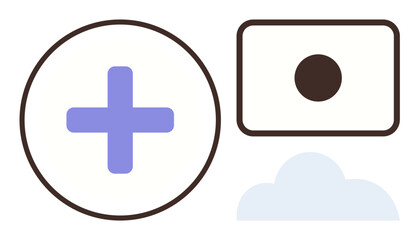 Fototapeta premium Medical cross symbol, digital camera icon, and cloud shape represent healthcare, technology, data storage, innovation, connectivity, accessibility and simplicity. Ideal for modern healthcare