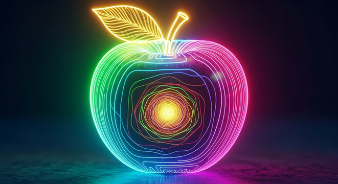 Neon apple isolated on dark background, a vibrant and futuristic fruit illustration with glowing lines and colorful light effects - Powered by Adobe