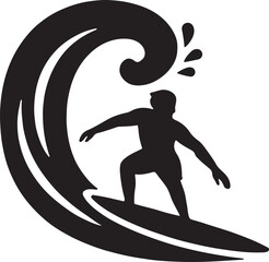 Surfer silhouette riding crest of wave, extreme sports and ocean adventure vector EPS illustration.