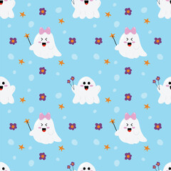 Cute ghost on a blue background. Seamless pattern for clothing, fabric, wallpaper, backdrop, home decoration, cover book, and wall art.