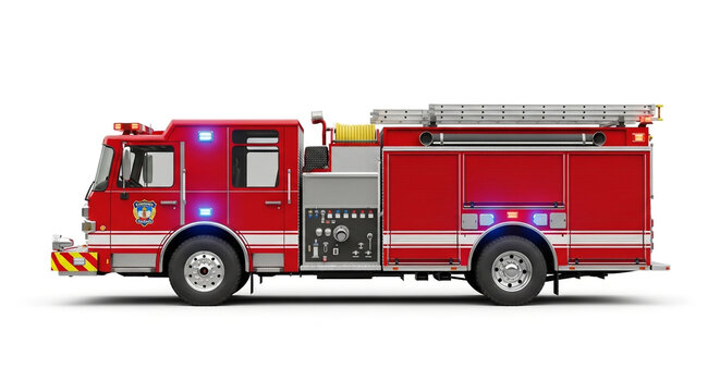 Side view of a red fire engine isolated on white background, showcasing its equipment, design, and functionality for emergency response - Powered by Adobe