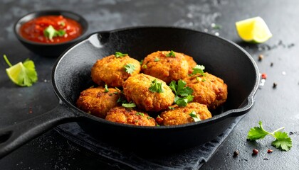 A close-up of golden-brown, savory patties in a black skillet, garnished with fresh cilantro, served with a vibrant red dipping sauce