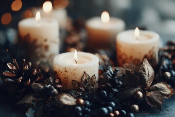 A festive arrangement of candles surrounded by pine cones, holly leaves, and ornaments. The candles are lit, casting a warm glow in the room.