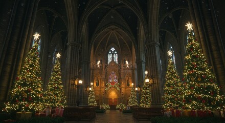 Hong Kong St. John’s Cathedral Christmas, gothic stone arches glowing in festive light, decorated trees sparkling in garden
