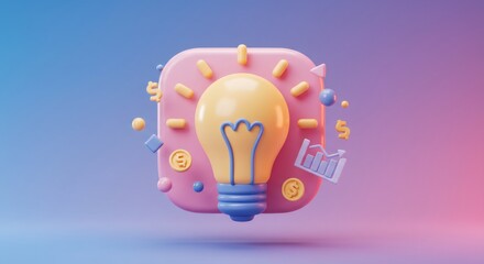 Yellow Light Bulb with Pink and Blue Background Financial Symbols and Pixelated Accents Concept of Idea Generation and Business Innovation in Creative Render