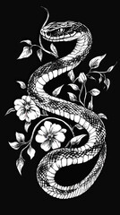 Obraz premium Black and white snake coiled around flowering branches with detailed scales and leaves in minimalist vector style on black background