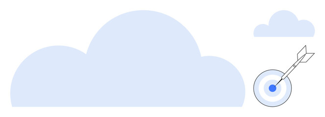 Arrow hitting the center of a target surrounded by blue clouds. Ideal for accuracy, focus, goal setting, success, productivity, achievement, vision. A simple flat metaphor