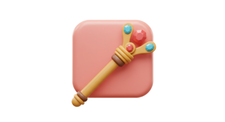 3D Golden Magic Wand with Colorful Gems on a Pink Square Against Transparent Background for Mystical Illustrations and Graphic Design Elements