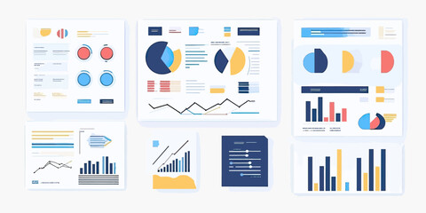Set of flat minimalist business infographic elements with pie charts, bar graphs, line charts, data visualization and statistical analysis templates for presentation and report design
