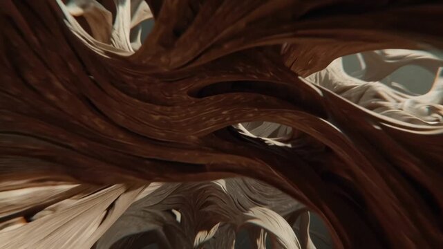 Surreal and abstract digital rendering of intertwined wooden roots forming a natural, textured tunnel