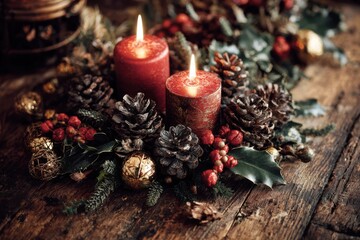 A festive arrangement featuring a candle surrounded by pine cones, holly leaves, and ornaments on a table, creating a cozy holiday atmosphere.