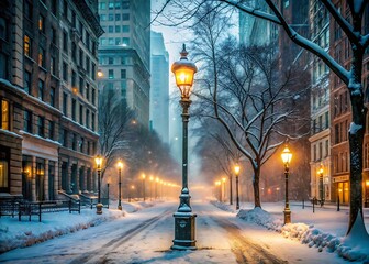 Snowy new york city street illuminated by vintage lampposts on a winter evening