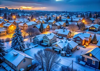 Cozy snow covered neighborhood illuminated by warm evening lights