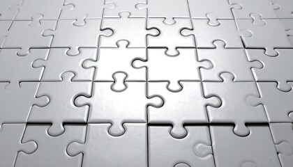 Close-up shot of a blank white jigsaw puzzle, concept of teamwork