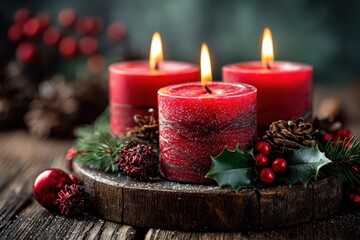 A cozy holiday scene featuring three festive candles surrounded by pine cones, holly leaves, and ornaments on a wooden table, perfect for Christmas decorations.