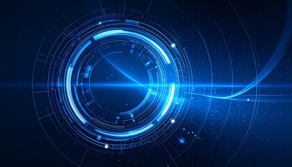 A futuristic digital art piece features glowing blue concentric circles and lines against a dark blue backdrop