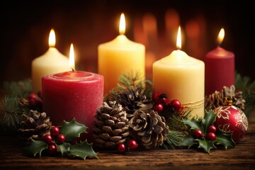 A festive arrangement of three candles surrounded by pine cones, holly leaves, and ornaments, creating a cozy holiday atmosphere.