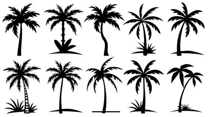 Tropical paradise silhouettes featuring an assortment of swaying palm trees ideal for summer vacation vibes and exotic island designs, a scalable design element
