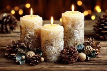 Three festive candles surrounded by pine cones, holly leaves, and ornaments on a wooden table, creating a cozy and Christmassy atmosphere.