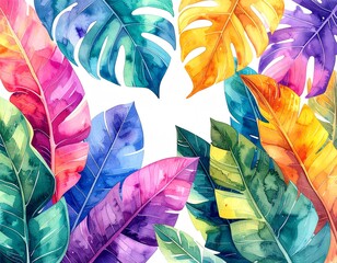 Watercolor Painting of Tropical Leaves on White Background 
