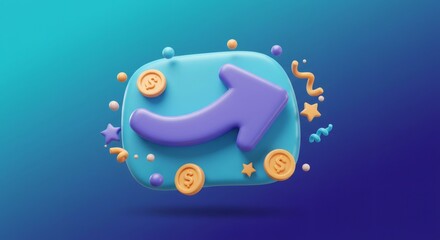 3D Render of Light Blue Icon with Purple Arrow and Gold Coins on Dark Blue Background
