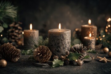 A festive candle surrounded by pine cones, holly leaves, and ornaments, creating a cozy and holiday-themed atmosphere.