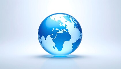 Fototapeta premium A glossy, transparent blue globe rests centrally against a bright white to light blue gradient background. Shadowing adds depth to the world map