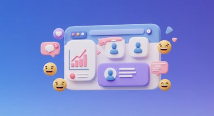 3D Rendering of a Business Data Analysis Software Interface with Pastel Color Scheme and Floating Emoji Icons Against a Gradient Background