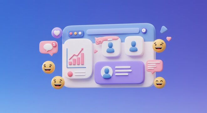 3D Rendering of a Business Data Analysis Software Interface with Pastel Color Scheme and Floating Emoji Icons Against a Gradient Background